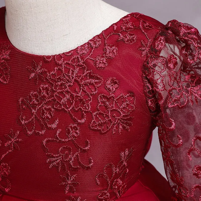 Vintage Baby Girl Birthday Red Tutu Princess Dress Kid Autumn Long Sleeve Christmas Prom Cloth Flower Girl New Year Lace Vestido