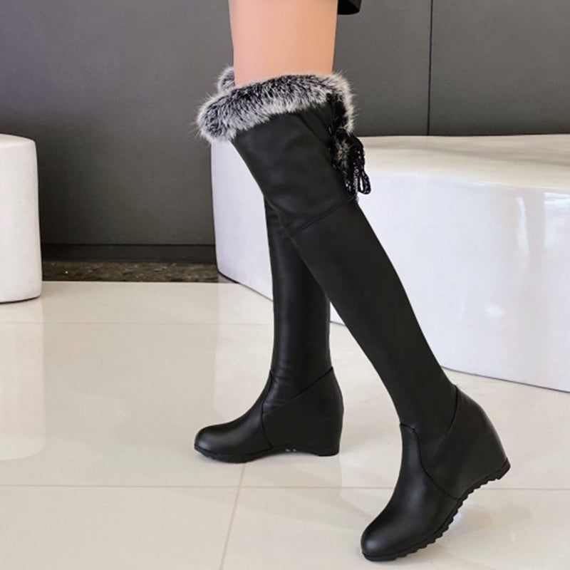 Winter warm fur over the knee boots back lace long wedge boots