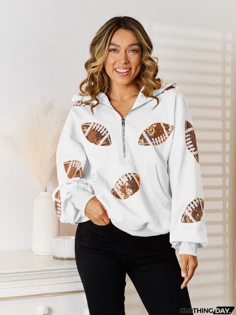 Sequin Football Patch Hal-Zip Hoodie