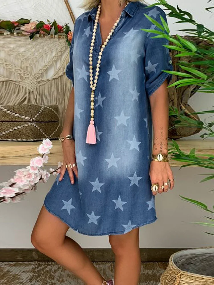 Casual V Neck Star Pattern Short Sleeve Denim Mini Dress