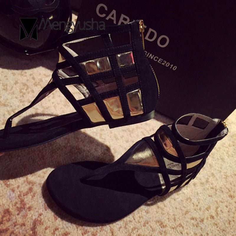 Plus size 42 suede hollow out patchwork women sandals clip toe back zipper flats sandalias roman sexy black high-top women shoes