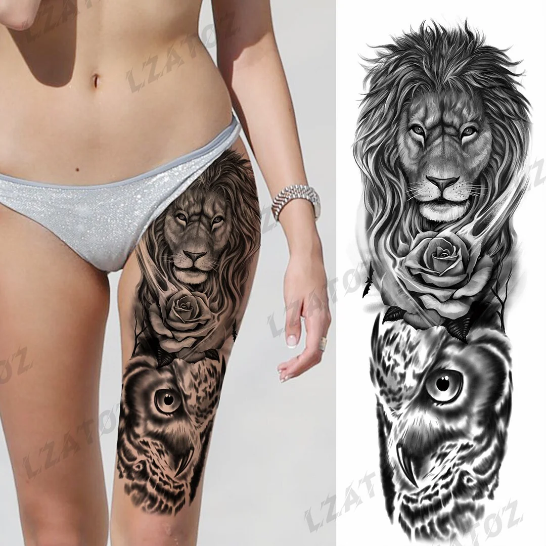 Sdrawing Sleeve Temporary Tattoos For Men Women Realistic Pirate Ship Wolf Tiger Skull Rose Flower Fake Tattoo Sticker Arm Tatoos