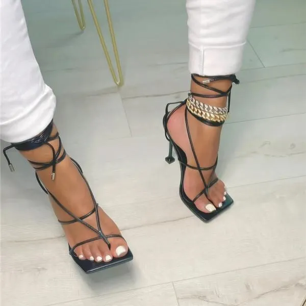 Herringbone Adjustable Ankle Chain Open Squared Toe Heels