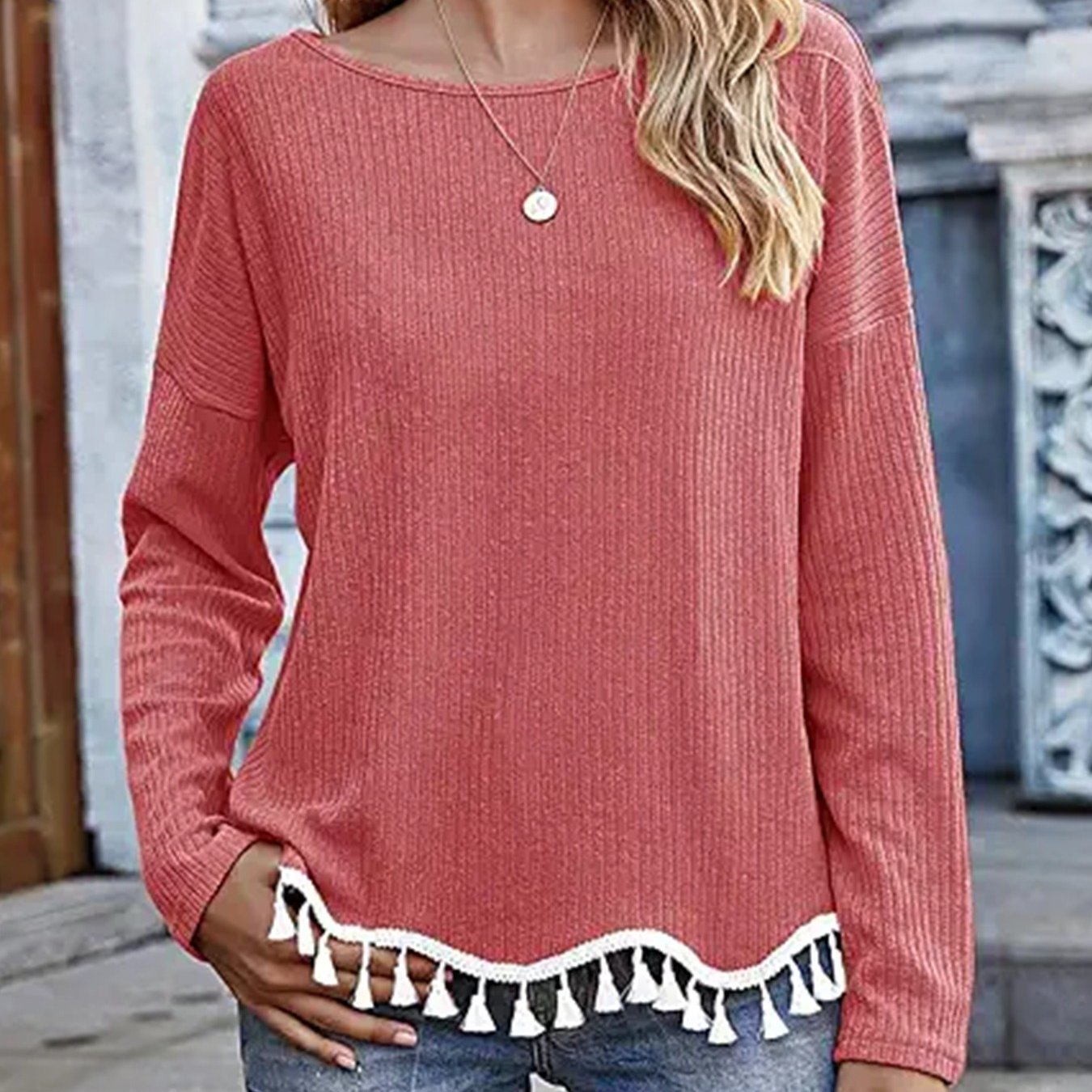 Women's T-Shirt Long Sleeve Round Neck Casual Loose Solid Hem Fall Winter Fashion T-Shirt