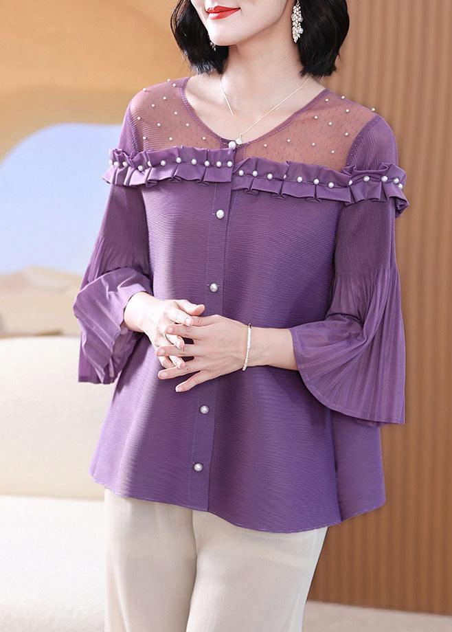 VCSHOES Purple Ruffled Patchwork Nail Bead Tops Lantern Sleeve