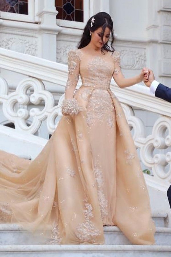 Popular Long Sleeve Bateau Detachable Wedding Dress With Tulle | Ballbellas Ballbellas