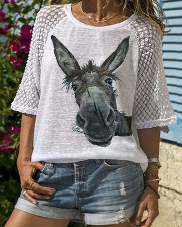 Cute Donkey Head Printed Lace Patchwork Short Sleeve T-shirt - Chicaggo