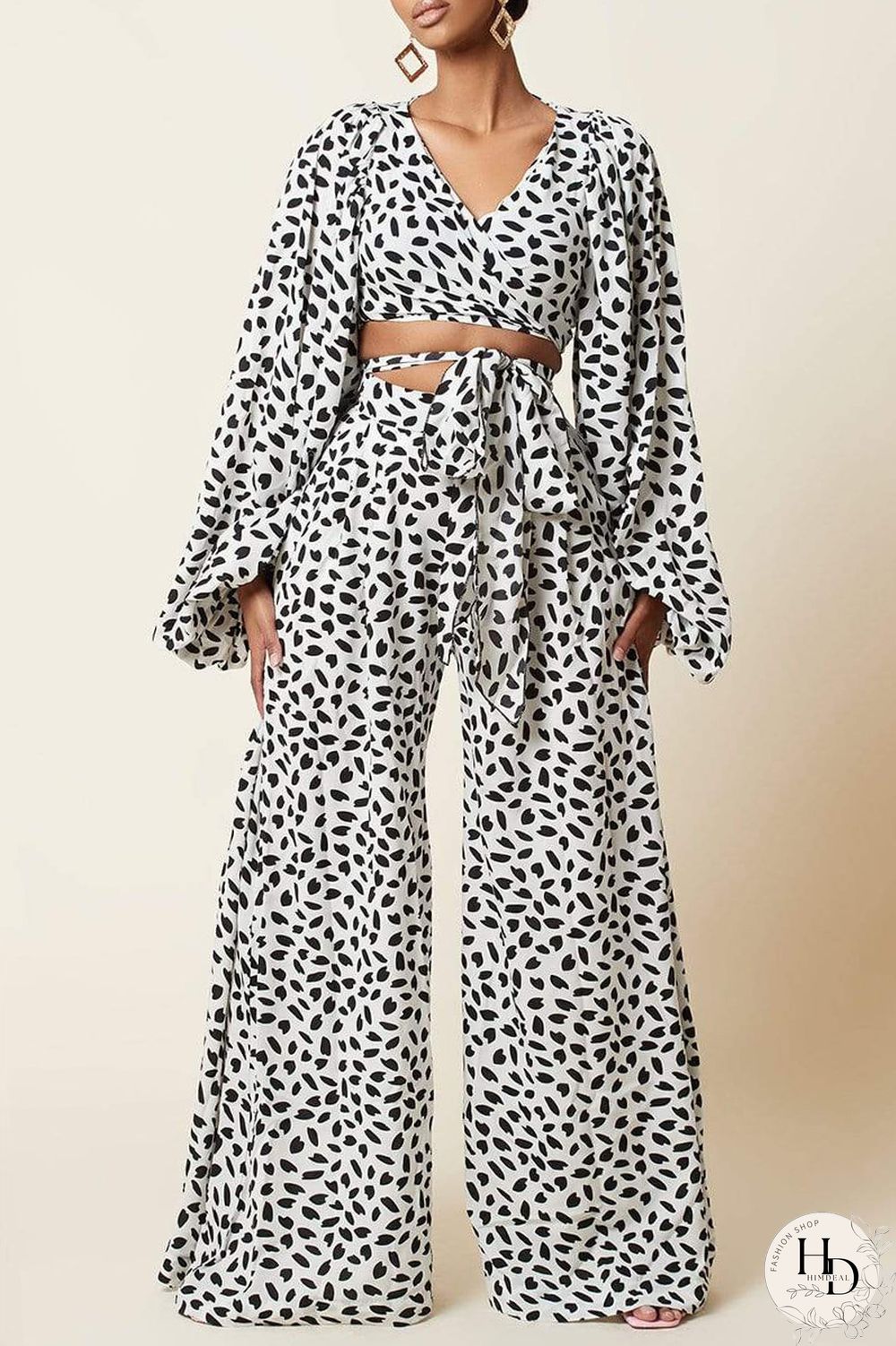 Black Fashion Casual Print Bandage V Neck Long Sleeve Two Pieces