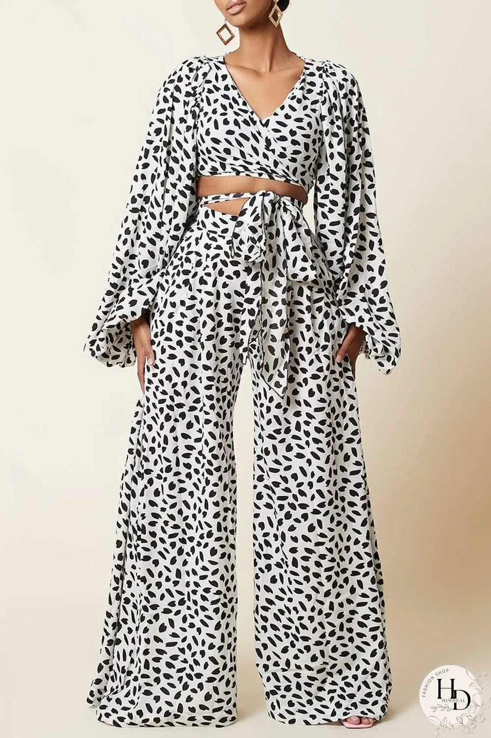 Black Fashion Casual Print Bandage V Neck Long Sleeve Two Pieces