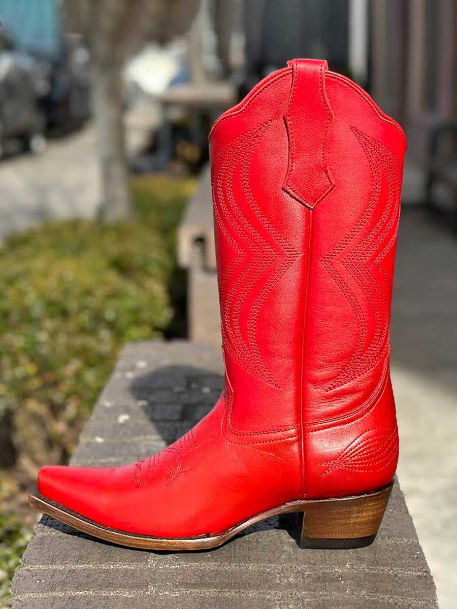 Red Vegan Leather Snip Toe Embroidered Cowgirl Boots With Chunky Heels
