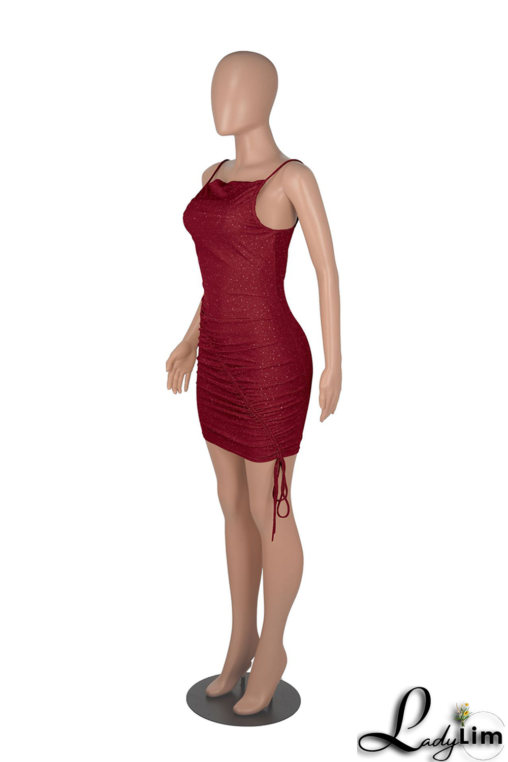 Burgundy Sexy Solid Fold Spaghetti Strap Pencil Skirt Dresses