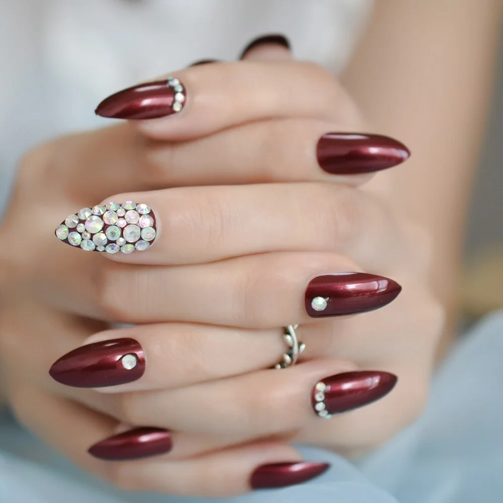 Ombre Glitter Faux Ongles White French Tips Stiletto Custom Deisgner False Nails with Rhinestones Bowknot Decoration-Nail Inspo