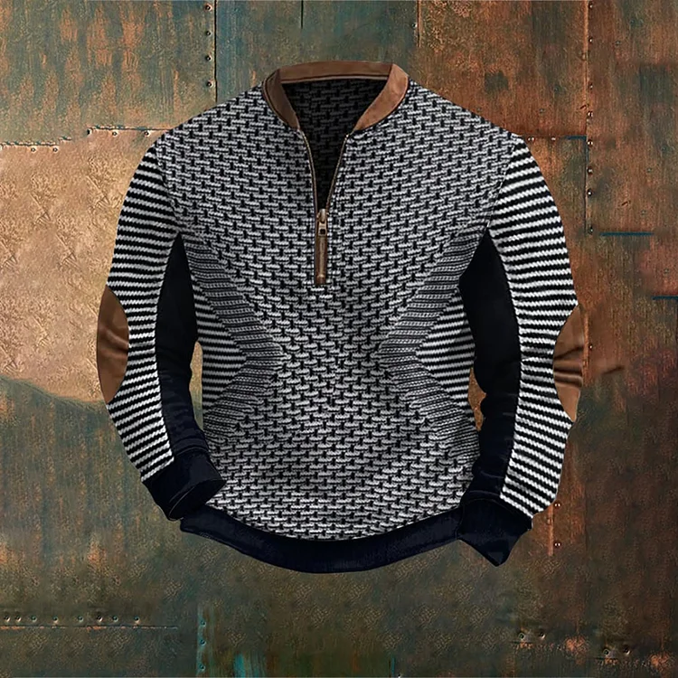 Utbros Men's Retro Knitted Textured Print Casual Zipper Sweatshirt