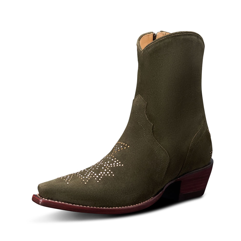 Olive Chunky Heel Ankle Length Cowgirl Boots with Studded Decor Nicepairs