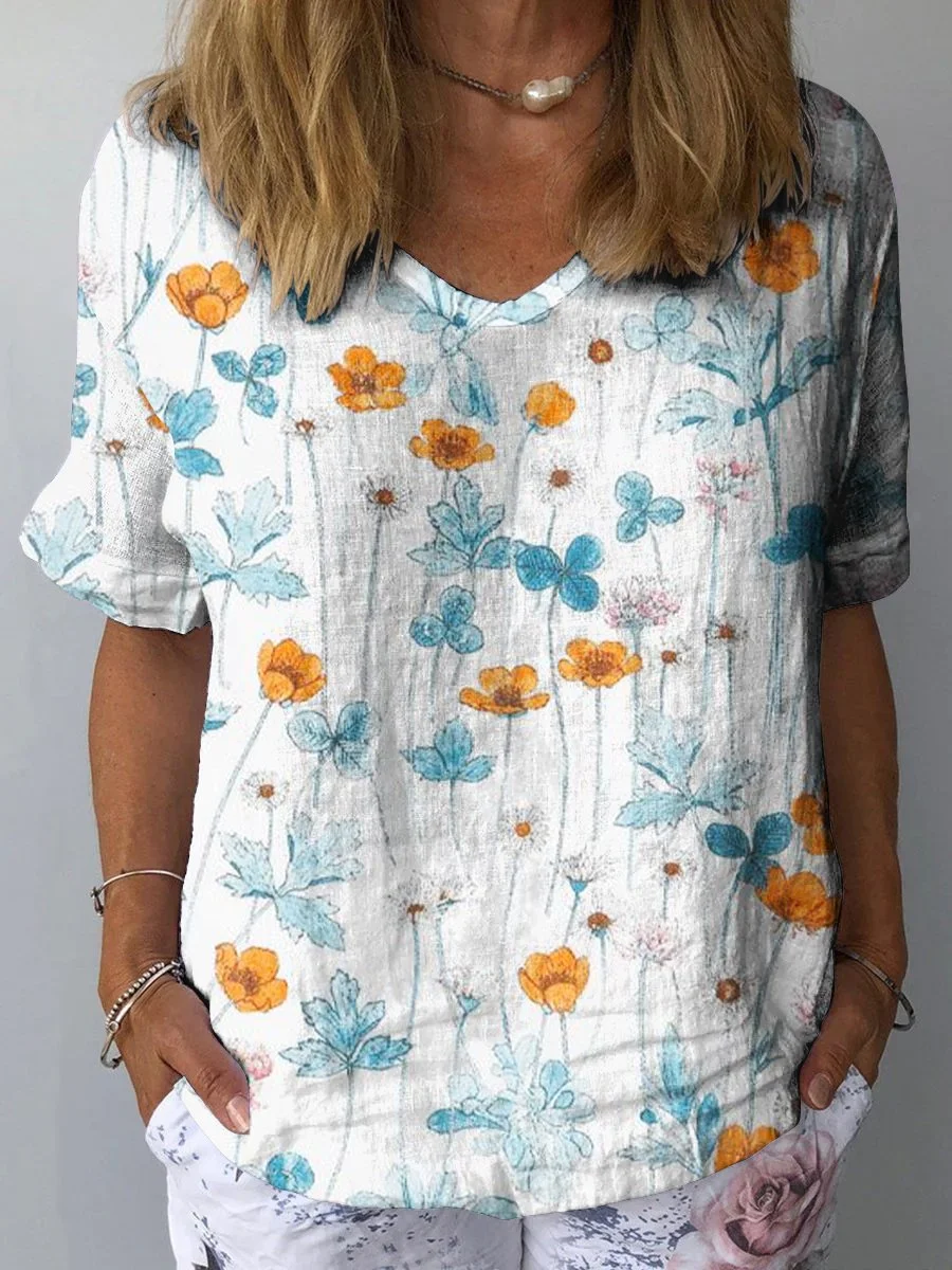 Small Yellow Flowers Women's Print Casual Cotton And Linen Shirt