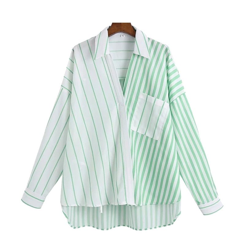 TRAF Women Fashion Patchwork Striped Oversized Blouses Vintage Long Sleeve Asymmetric Female Shirts Chic Tops