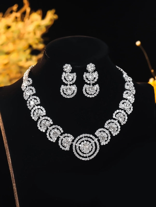 Copper Inlay Tassel Rhinestones Earrings Necklace Jewelry Set