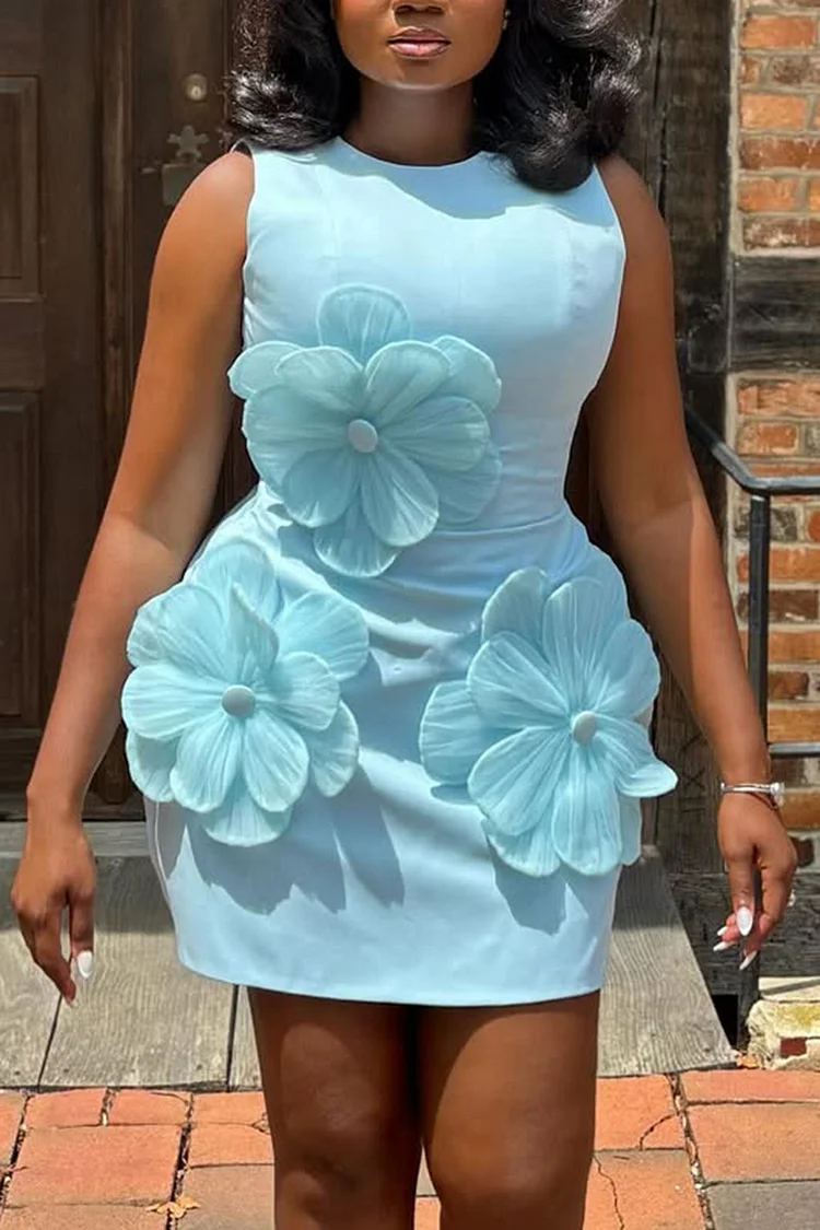 Plus Size Party Blue Round Neck 3D Mini Dresses [Pre-Order] 2024 - Xpluswear