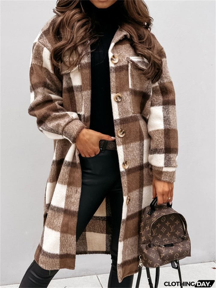 Women's Fashion Long Plaid Shacket Coat