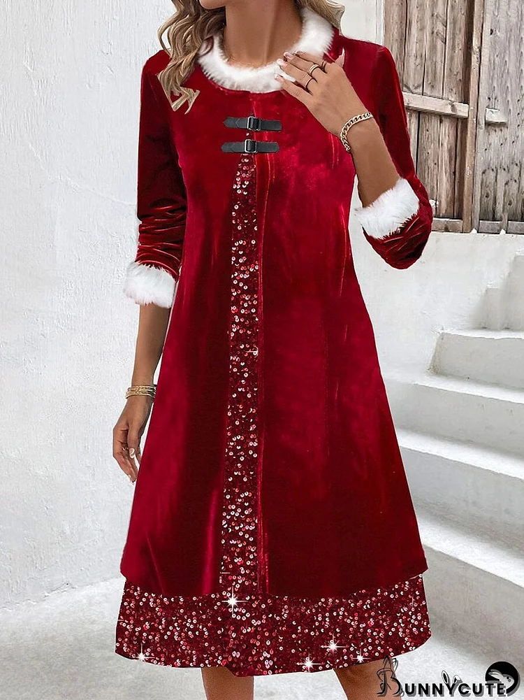 Women's Long Sleeve Scoop Neck Sequins Christmas Midi Dress