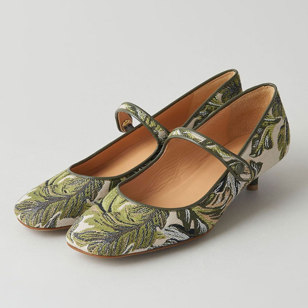 Green Square Toe Kitten Heel Leaves Jacquard Strap Mary Jane Pumps Nicepairs