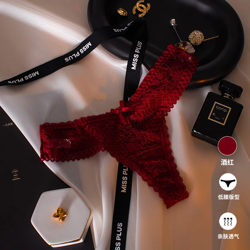 Uveng Uveng Sexy Lace Thong Female Hollow V Waist Pure Desire Bow Breathless Large Peach Butt Trousers