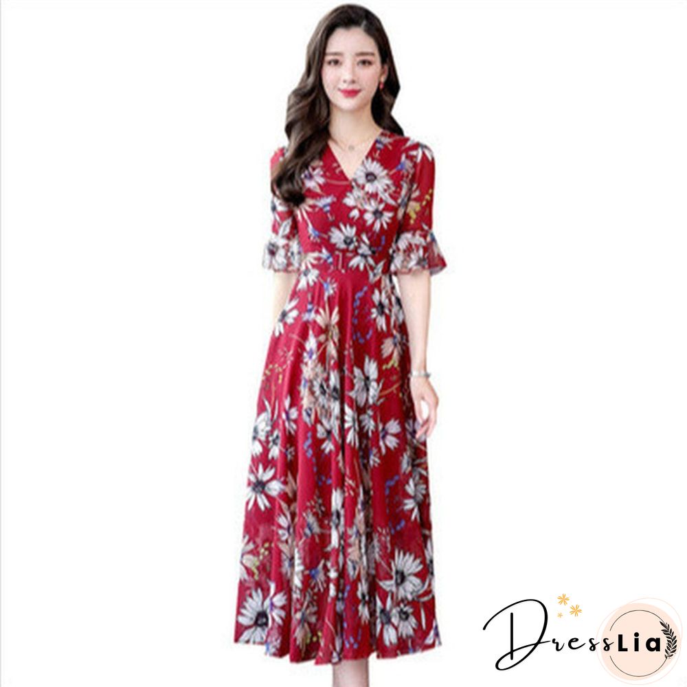 Fashion Floral Print Slim A-Line Dress Elegant Ladies Long Dress Women V-Neck Short Sleeve Chiffon Party Dresses