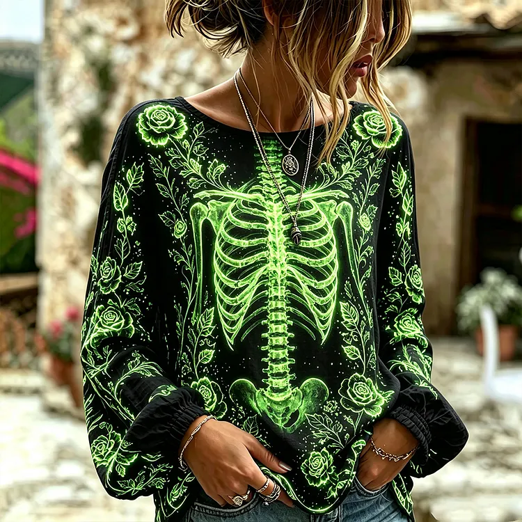 Halloween Vintage Fluorescent Human Skeleton Art Linen Crew Neck Top