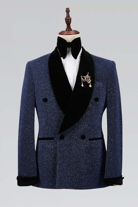  Shining Dark Navy Black Prince Suit For Wedding Shawl Lapel with Double Breasted Gentle