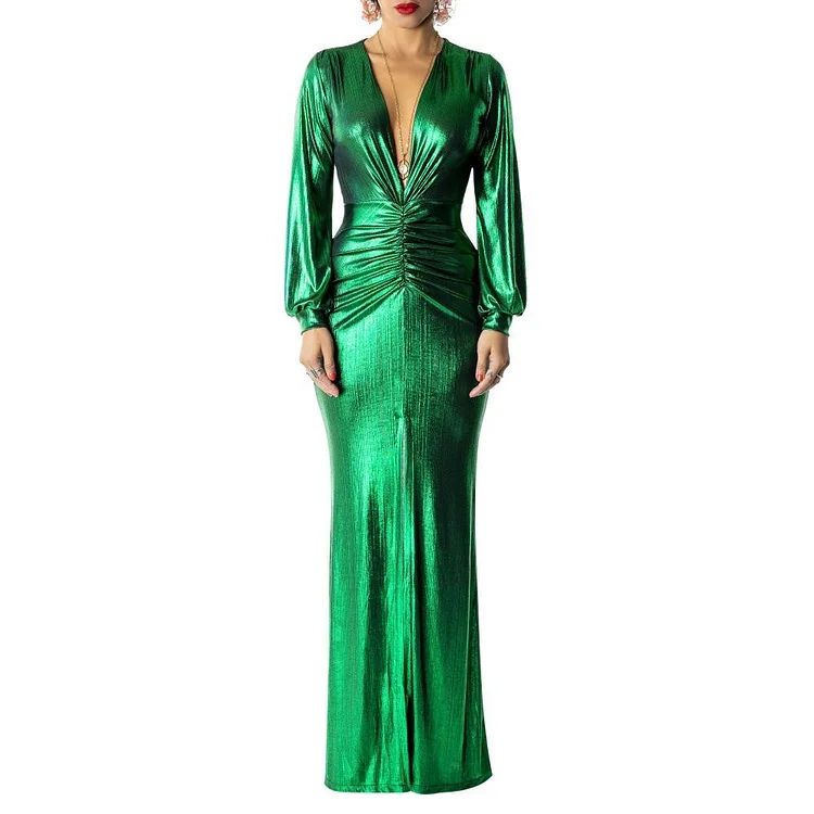 Promsstyle Solid green ruched split maxi dress Prom Dress 2023
