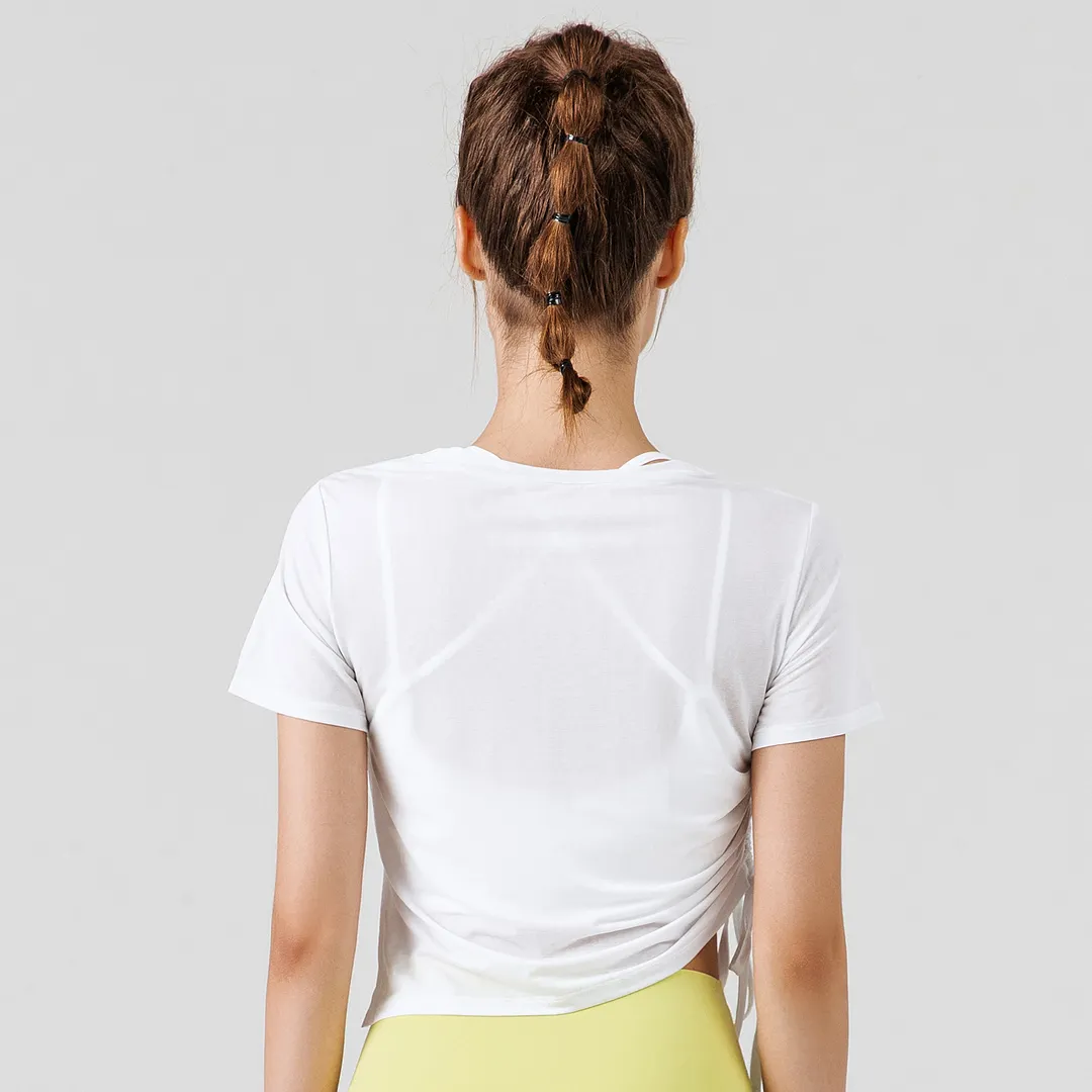 Buy soft lightweight side scrunch ruched drawstring asymmetrical design loose cool cropped top sports gym t shirts of high quality on Hergymclothing White