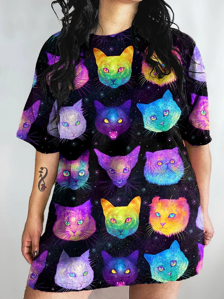Women's Cat Art Print Crew Neck Causl Shirt