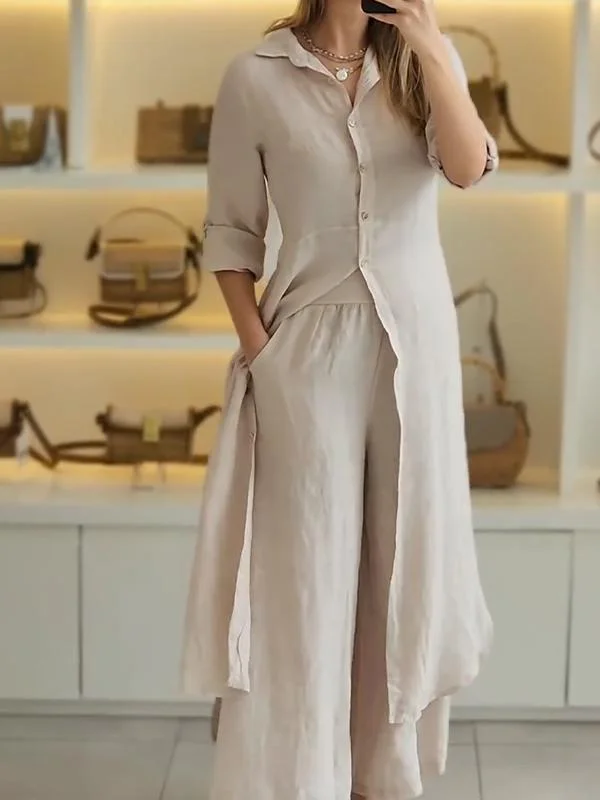 Women Summer Casual Linen Long Two-piece Set Pant Suits