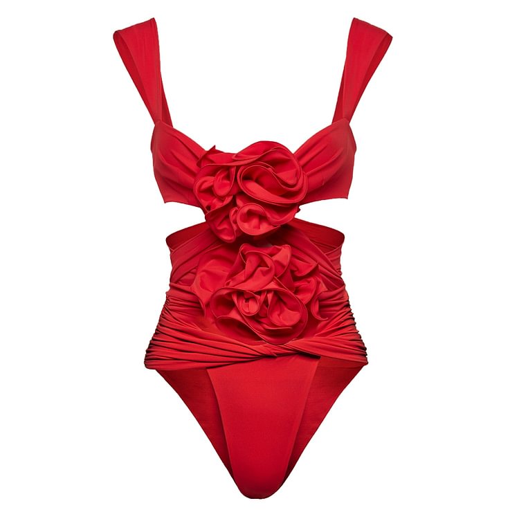 Flaxmaker Red 3D Flower Cutout One Piece Swimsuit and Skirt
