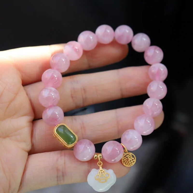 Natural Madagascar Rose Quartz Hetian Jade 925 Sterling Silver Wish Lock Peace Bracelet
