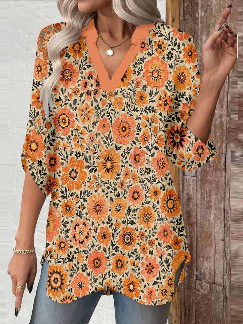Women Floral,Orange DZGA0323 3/4 Sleeve V-neck Printed Graphic Button Tops