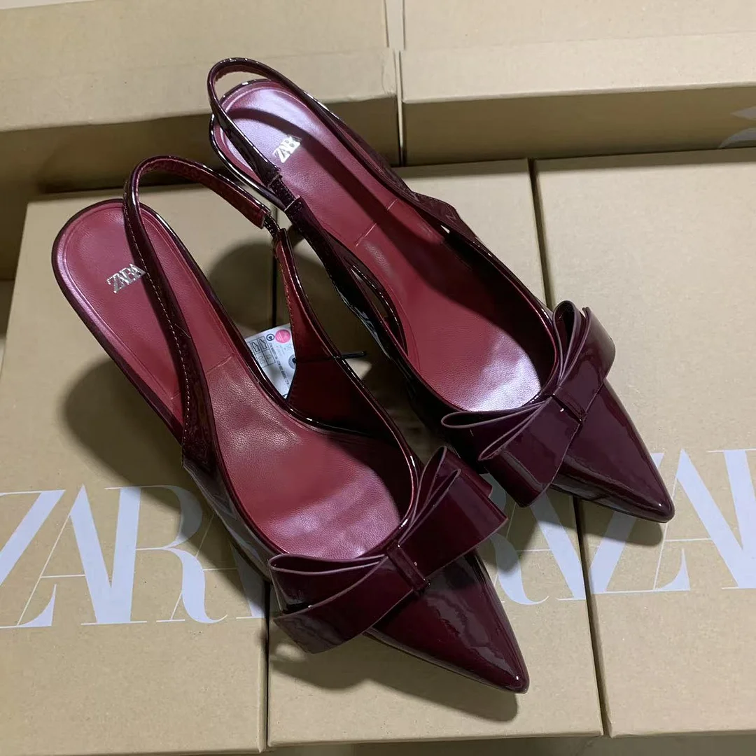 Breakj Breakj 2025 New Women's Shoes Red Bow Bows High Heels Tips Shallow Stumbling M&uuml;ller