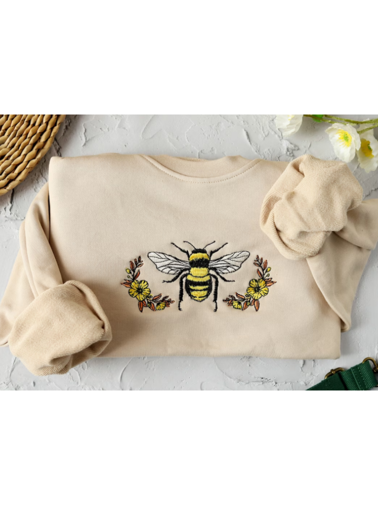 Comstylish Floral Bee Embroidered Casual Cozy Sweatshirt