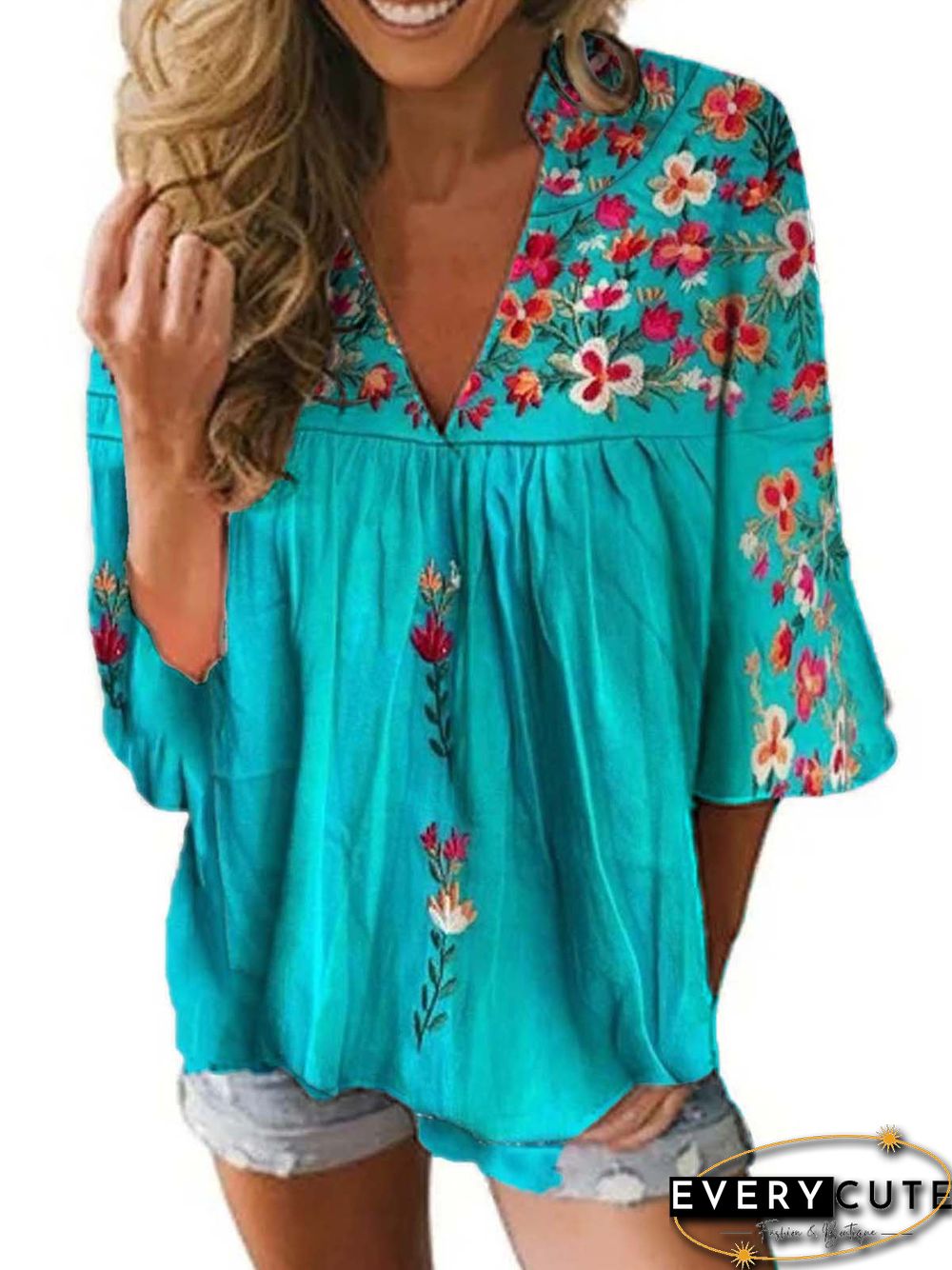 Half Sleeve V Neck Boho Shirts & Tops