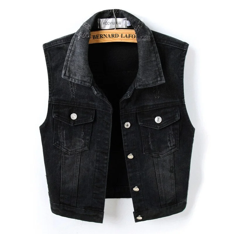 Spring Summer Short Denim Women Vest 2020 Casual Slim Single Breasted feminino Sleeveless Jeans Jackets Coats Black Plus Size