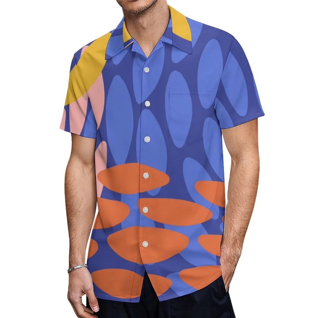 Yellow Blue Orange Abstract Shapes Hawaiian Shirt Mens Button Down Plus Size Tropical Hawaii Beach Shirts