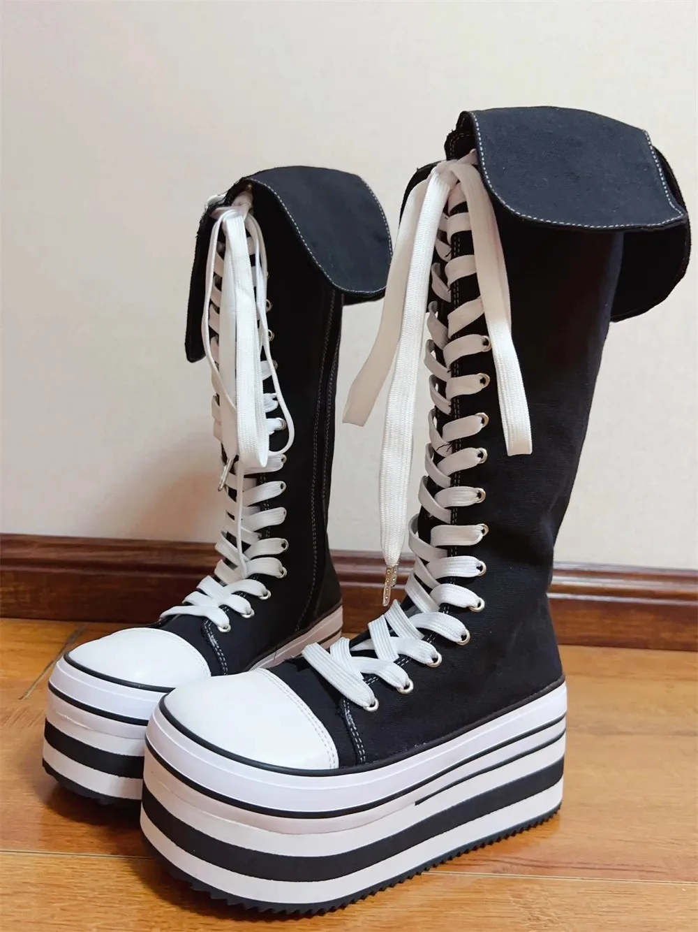 VCshoes Women Wasteland Punk Long Boots Woman High Wedges Heels Pumps Lady Dress Party Shoes Round Toe Black White Canvas Shoes 33-45