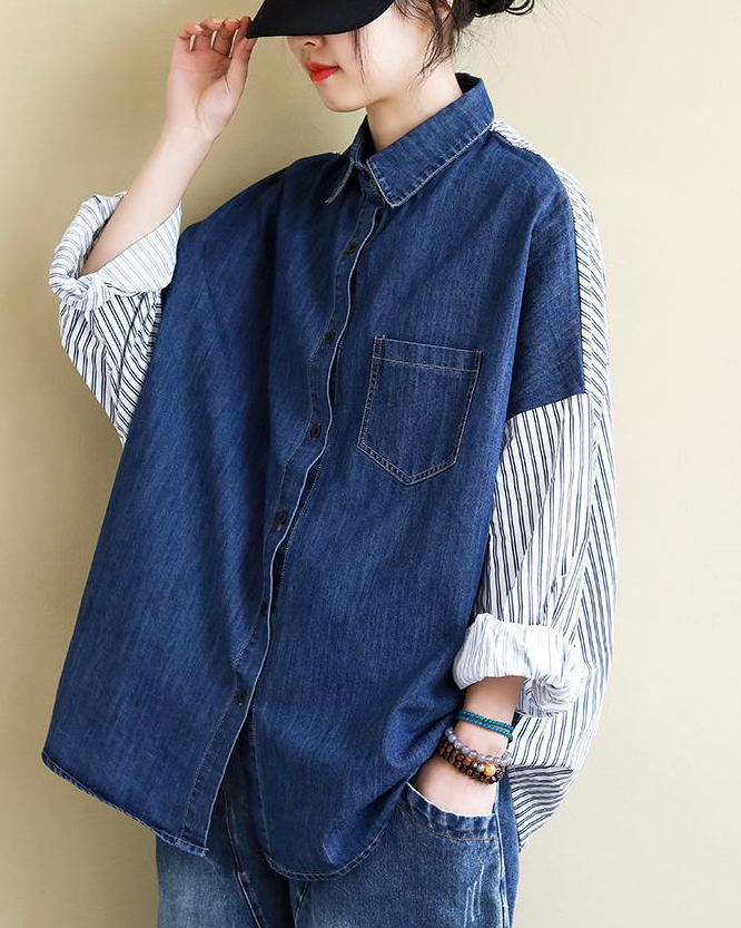 Stripe Long Sleeve Chest Pocket Denim Shirt