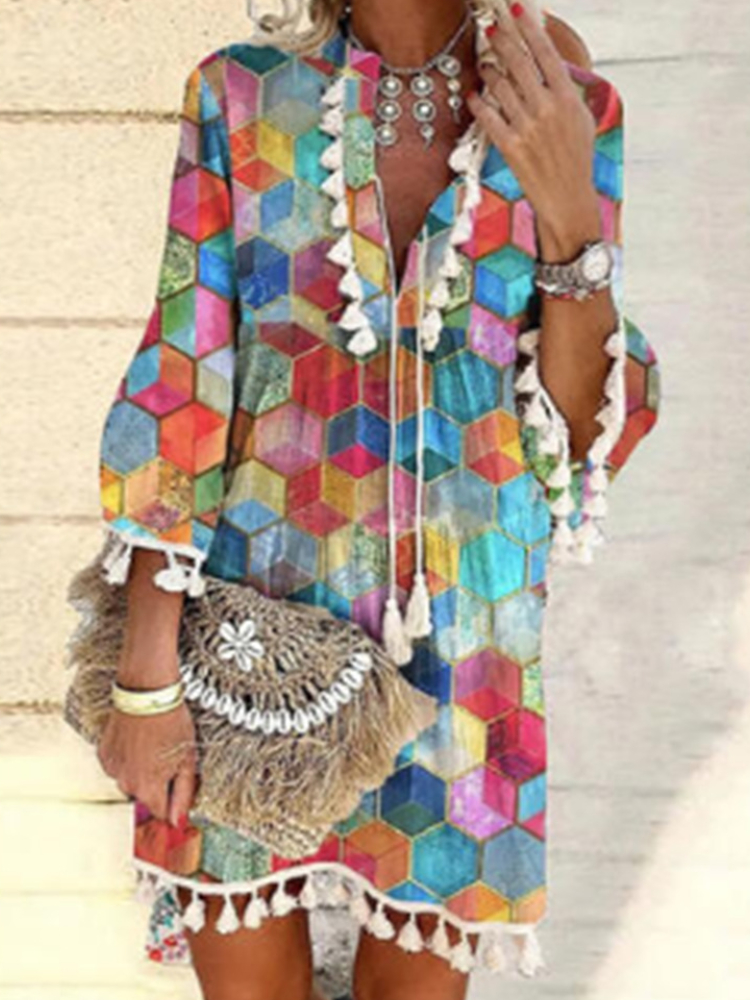 Colorful Geometric Print Fringed V-Neck Ruffle Sleeve Dress wearshes