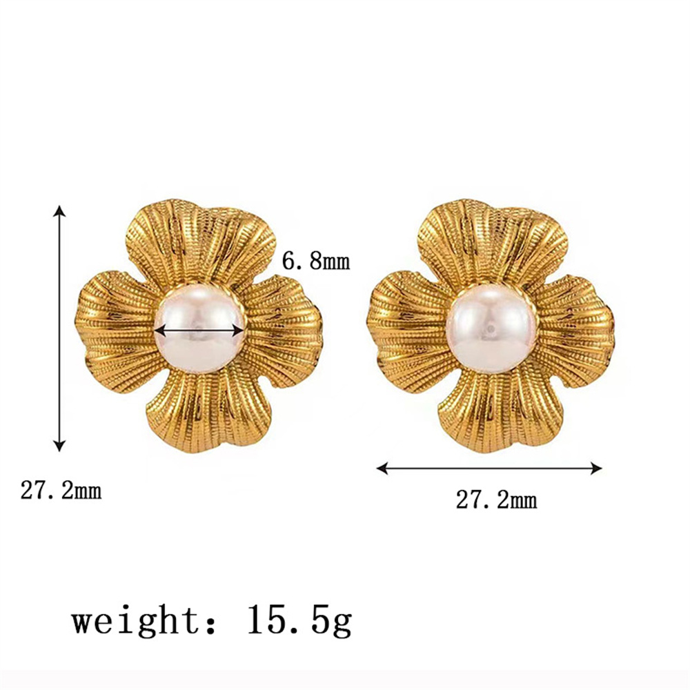 Groksage Retro Titanium Steel Earrings Gold Color Petal Shape Earrings Pearl Women's Drop Earrings Trendy Jewelry Accessories