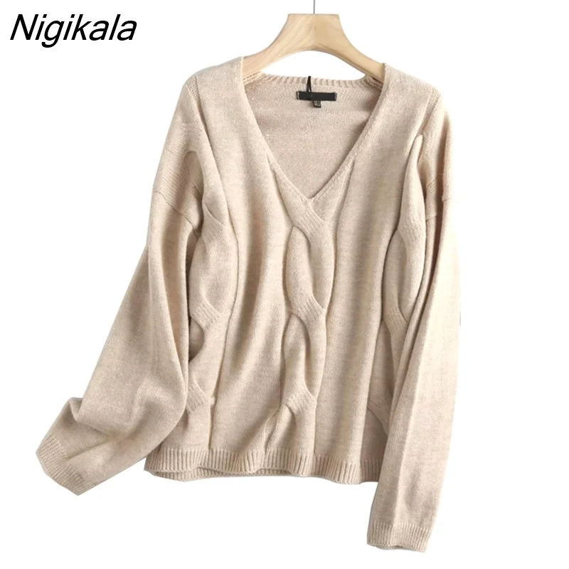 Nigikala Women 2022 Twist Woolen Knit Sweater Jumper V Neck Female Elegant Loose Pullovers Chic Tops