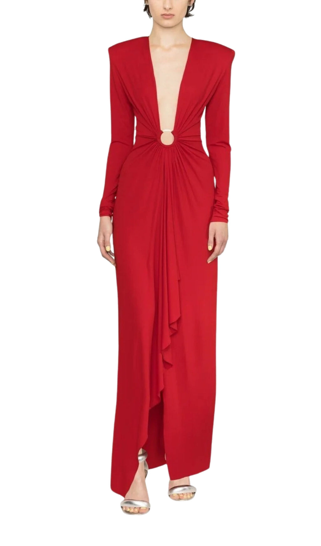 Red Plunge-Neck Draped Gown Flowering Girl