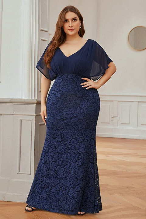 Bellasprom Navy Blue Sleeves Mermaid Lace Plus Size Prom Dress Ruffles