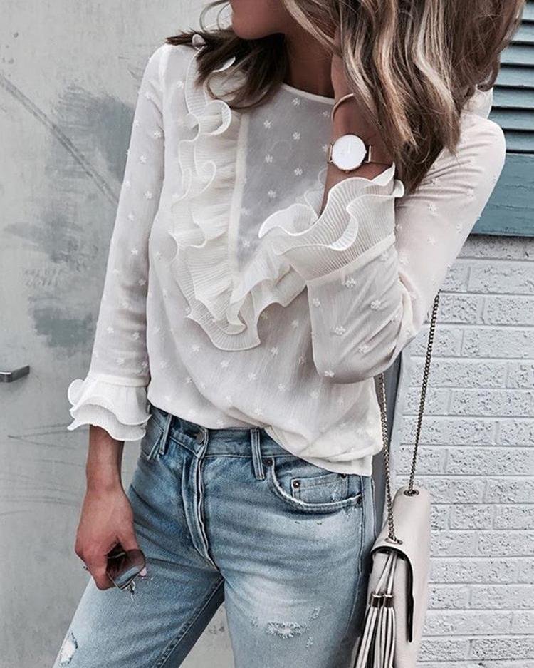 Dots Layered Ruffles Keyhole Back Blouse