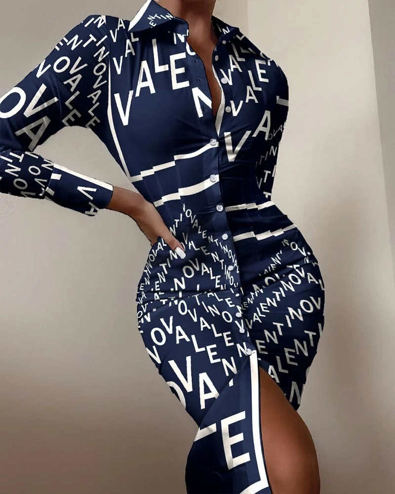 Women's shirt dress long sleeve sexy waist waist printed cardigan shirt